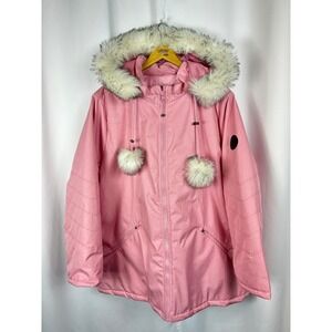 Active Zone Pink Herringbone Faux Fur Hood Pom Pom Winter Parka Jacket NWT 4X